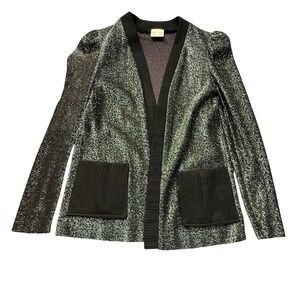 Vintage Cardigan Womens 9 Silver Black Metallic Lurex Open Front Pockets Glam